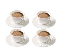 YBK Tech Set of 4, Retro and Classic Cup& Saucer Set Bone China Ceramic Tea Coffee Cup for Breakfast Home Kitchen- Embossed Flowers Pattern