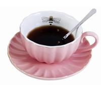 YBK Tech Strength Porcelain Tea Sets, Cup and Saucer Set- Gold Bee Inside the Cup (Pink)