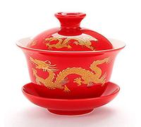YBKTEX Ceramic Kung Fu Teacup, Chinese Traditional Gaiwan-Dragon (Red)