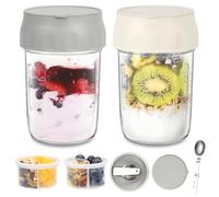 YBLUE 2 Pack Overnight Oats Jar Containers with Lids, Folding Spoons and Divided Compartments for Fruit & Nuts, Reusable 16oz Containers for Snack for Oatmeal, Chia Pudding, Yogurt, Salad(White/Grey)