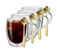 YBLUE 4 Pack Double Walled Glass Coffee Cups, 350 ml Clear Coffee Mugs, Cappuccino Macchiato Glasses Insulated Latte Cups with Handle and Spoons for Milk, Tea Bag, Juice, Ice Cream，Espresso