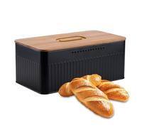 YBLUE Metal Bread Box with Wood Cutting Board Lid, Black Metal Bread Bin with Vertical Stripe Pattern and Multiple Ventilation Holes Bread Storage Container for Kitchen Countertop Organizer (Black)