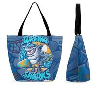 YBQLNP Blue Shark Surfing Women's Shopping Tote Bag Handbag Top Handle Shoulder Purse Bag With Zipper 28.5x18x32.5cm