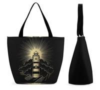 YBQLNP Golden Lighthouse Women's Shopping Tote Bag Handbag Top Handle Shoulder Purse Bag With Zipper 28.5x18x32.5cm