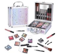 YBUETE Beginner Makeup Kit for Teen Girl Women, Makeup Present for Her, Makeup Set with Cosmetic Train Case Included Eyeshadow Blush Lip Gloss Lip Liner Mascara Eyeliner Mirror (Purple)