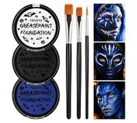 YBUETE Blue Black White Oil Based Face Paint Kit with Painting Brushes, Professional Full Coverage Greasepaint for Adults Halloween Cosplay SFX Avatar Smurf Mermaid Makeup Stage Theater