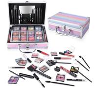 YBUETE Makeup Kit with Train Case for Teen Girl Women, Full Starter Cosmetic Set, Beginner Makeup Present, Reusable Full Cosmetic Train Case for Girl, Included Eyeshadow Blush Contour Eyebrow (Pink)