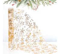 YBwanli 33ft Christmas Table Decoration,Christmas Table Runner,Gold Snowflake Organza Thin Mesh Table Runner,28cm X 10M, Can use it to make Christmas home decorations