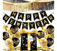YBwanli New Year's Eve Decoration 2025, New Year Decoration, Happy New Year Banner, Giant Foil Balloons, Black Gold foil curtain, Confetti & Balloons for an unforgettable New Year's Eve party