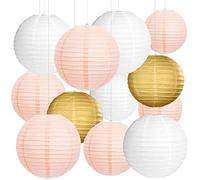 YBwanli Paper Lanterns, 12pc Set, Wedding Party Decoration, Paper Lampshade, Pompoms, Gold, Pink, Rose, White, Honeycomb Balls, Ceiling Mount