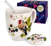 YC YANG CHAI Jumbo Cup 900 ml - XXL Cup Large Bone Porcelain - Large Tea Cup - Jumbo Cup Gift Set with Coaster - Coffee Cup, Giant Cup, Drinking Cup, Giant Mug - YC Berry Birdy
