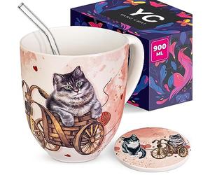 YC YANG CHAI YC CatiCat Large Mug 900 ml - Jumbo Cup Made of Bone Porcelain - XXL Cup Gift Set with Coaster - Jumbo Mug, Large Tea Cup, Cat Cup - Gift for Cat Lovers