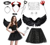Ycaaeo Angel Devil Costume Women's Black, Angle&Devil Costume Women with Wings, Halo Headband, Magic Wand & Devil Horns, Tulle Skirt, Tattoo Sticker for Halloween, Carnival, Cosplay