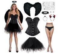 Ycaaeo Black Angel Devil Costume Women, Black Angel Devil Costume Women Sexy with Black Corset, Wings, Tulle Skirt, Halo and Devil Horns for Halloween, Carnival, Cosplay (L)