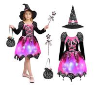 Ycaaeo Girls Witch Costume, LED Witch Dress Children, Witch Costume Girls with LED Lights, Candy Bag, Magic Wand, Witch Hat, Witch Costume Children Girls, for Halloween and Carnival Costumes