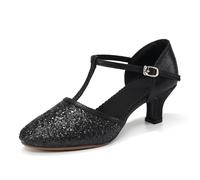 YCALCP Women Latin Dance Shoes Sequin Closed Toe T-Strap Ballroom Salsa Tango Party Performance Dance Shoes,Model FT-135, Black, 5.5 UK