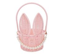 Ycauty Pink Easter Bunny Basket - PP Rattan Woven Rabbit Ear Egg Basket with Handle Pearl Pendant for Candy Picnic Wedding