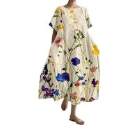 YCBMINGCAN Vintage Japanese Art Dress for Women 2024 Boho Floral Print Oversized Round Neck Linen Casual Summer Dress Women's Jumper Dress, yellow, 4XL