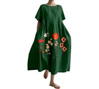 YCBMINGCAN Vintage Japanese Art Dress for Women 2024 Boho Floral Print Oversized Round Neck Linen Casual Summer Dress Women's Jumper Dress, AG, 4XL