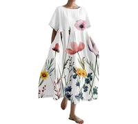 YCBMINGCAN Vintage Japanese Art Dress for Women 2024 Boho Floral Print Oversized Round Neck Linen Casual Summer Dress Women's Jumper Dress, Hot Pink, L