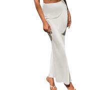 YCBMINGCAN Women's A-line satin maxi skirt, elegant skirt with high waist for wedding, cocktail party and evening wear, long flowing party skirt for festive moments., White, M