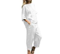 YCBMINGCAN Women's Two Piece Set Casual Solid Color Crew Neck Cotton Linen Top and Pants Tie Dye Jogging Suit, White, M