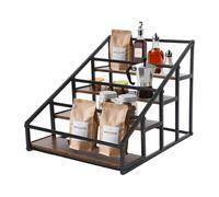 YCBTREE 4-Tier Liquor Bottle Display Shelf, Coffee Syrup Rack Organizer with Metal Frame & Wooden Shelves, Countertop Wine & Spirits Stand for Home Bar, Kitchen Sauce and Condiment Storage