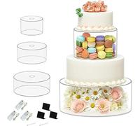 YCBTREE Acrylic Cake Stand, 3Pcs Fillable Cake Display Riser 6+8+10In Stackable Round Tabletop Decoration Base with 3 LED Light Strings & Tag Plate Cylinder Stand for Wedding Party Birthday