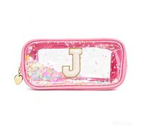 YCDKK The 26 Letters Clear Pink Pencil Case for Girls, Small Cute Transparent Pencil Case with A-Z Initial Design for School & Office, Portable Exam Zipper Pouch for Students, Teens & Women (J)