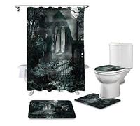 YCDtop Bathroom Shower Curtain And Rug Sets Halloween Gothic Architecture Horror Night Black Toilet Lid Cover Bath Mat Shower Curtains 180x180cm(71x71in)