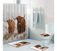 YCDtop Nordic Portrait Of A Highland Cow Shower Curtain Set For Bathroom Curtain Wildlife Highland Cattle Cow Home Decor Bath Mat Rug 180x180cm(71x71in)