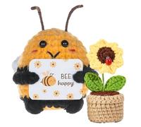 YceLon Bee Happy Set of 2 Bee Gift and Sunflower Pot, Hand Crocheted Cuddly Toys for Living Room and Office, Friends and Family