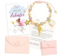 YceLon Tooth Fairy Gifts Girls Set, Pearl Bracelet with Adjustable Length (15-30 cm) + Post from the Tooth Fairy Card, Gift Set for Emotional Milk Tooth Surprises