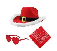 ycezw Santa Cowboy Hat Set, Christmas Cowboy Hat - Party Headwear with Western Hat - Christmas Party Hat with 3X Heart Glasses, Cowgirl Hat