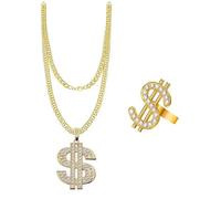 Ycfish 2 Pcs Dollar Sign Necklace and Ring, Gold Chain Dollar Sign Necklace Pendant with Rhinestones, Adjustable Dollars Signs Necklaces, Hip Hop Punk Rapper for Men Woman Party Accessories
