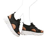 YChao Women Summer Athletic Shoes Sandals Mesh Casual Thick Soled Lace Up Sandals Open Toe Beach Shoes Wedge Sandals for Women,Black,US6/EU37