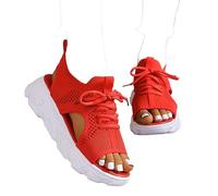 YChao Women Summer Athletic Shoes Sandals Mesh Casual Thick Soled Lace Up Sandals Open Toe Beach Shoes Wedge Sandals for Women,Red,US4.5/EU35
