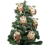 YCHTEWY-Owl Ornaments for Christmas Tree, Wood and Sisal, Set of 6 Assorted, Woodland Animals