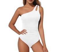 YCHUCH 1 Piece Women Monokini Swimwear Single Shoulder Swimsuit Adjustable Strap Belly Control Ruched Design Monkini with Tummy Support