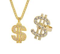 YCHUCH Hip Hop Costume Kits Rapper Accessories Dollar Sign Necklace Rings For Halloween Cosplay Party Decors 80s 90s Outfits Hip Hop Jewelry Set