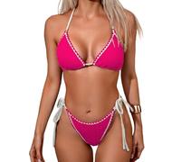 YCHUCH Women Triangular Halterneck Thong Swimsuit Set Neck Tie Thong Swimwears Low Waist String Bathing Suit For Beach Parties Textured Fabric Swimsuit