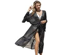 YCHUCH Womens Bikini Swimsuit Cover Up Open Front Maxi Long Kimono Cardigan Polka Dot Print Chiffon Ruffled Beach Dress Blouse Women Bikini Swimsuit Cover Up
