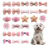 YCHZ 24pcs Pink Small Dog Hair Bows, Mix Flower Puff Ball Dog Bowknot Top Knot, Bulk Pet Puppy Dog Hair Grooming Accessories Bows, Yorkie Dog Small Size Bows with Rubber Bands for Small Medium Dogs