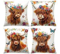 YCHZ Butterfly and Highland Cow ThrowPillow Covers 18x18 Set of 4, Floral Decorative Throw Pillows for Couch, Living Room Bedroom, Farmhouse Accent Home Décor