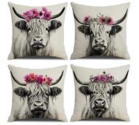 YCHZ Highland Cow Throw Pillow Cases 18x18 inch Set of 4 Highland Cow Flowers Decoration Pillow Covers Square Linen, Farmhouse Home Decor Cow Cushion Covers with Hidden Zipper