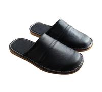 YCKEGEW Unisex House Slippers Leather Cotton Slippers with Memory Foam,Cowhide Sandals Slide Home Slipper for Women Indoor Use,Flat Hotel Slipper(Nero,EUR41-42)