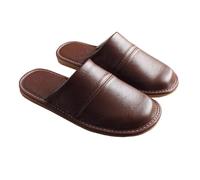 YCKEGEW Unisex House Slippers Leather Cotton Slippers with Memory Foam,Cowhide Sandals Slide Home Slipper for Women Indoor Use,Flat Hotel Slipper(Brown,EUR41-42)