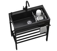 Yclty Freestanding Black Stainless Steel Utility Sink, 60x45x86cm/23.6x17.7x33.9in, Single Bowl, Farmhouse Style, 1 Hole, Central Drain, Brushed Finish