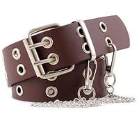 YCMI Punk Rock Double Grommet PU Leather Belt With Chain for Women & Men, Brown, One Size