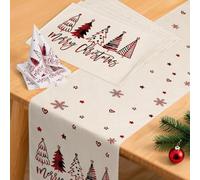 YCOLL Christmas Table Decorations - Red Winter Table Runner, Modern & Water-Resistant, with Placemats and Napkins Set for Indoor & Outdoor Use, Party, Kitchen & Dining Table Décor